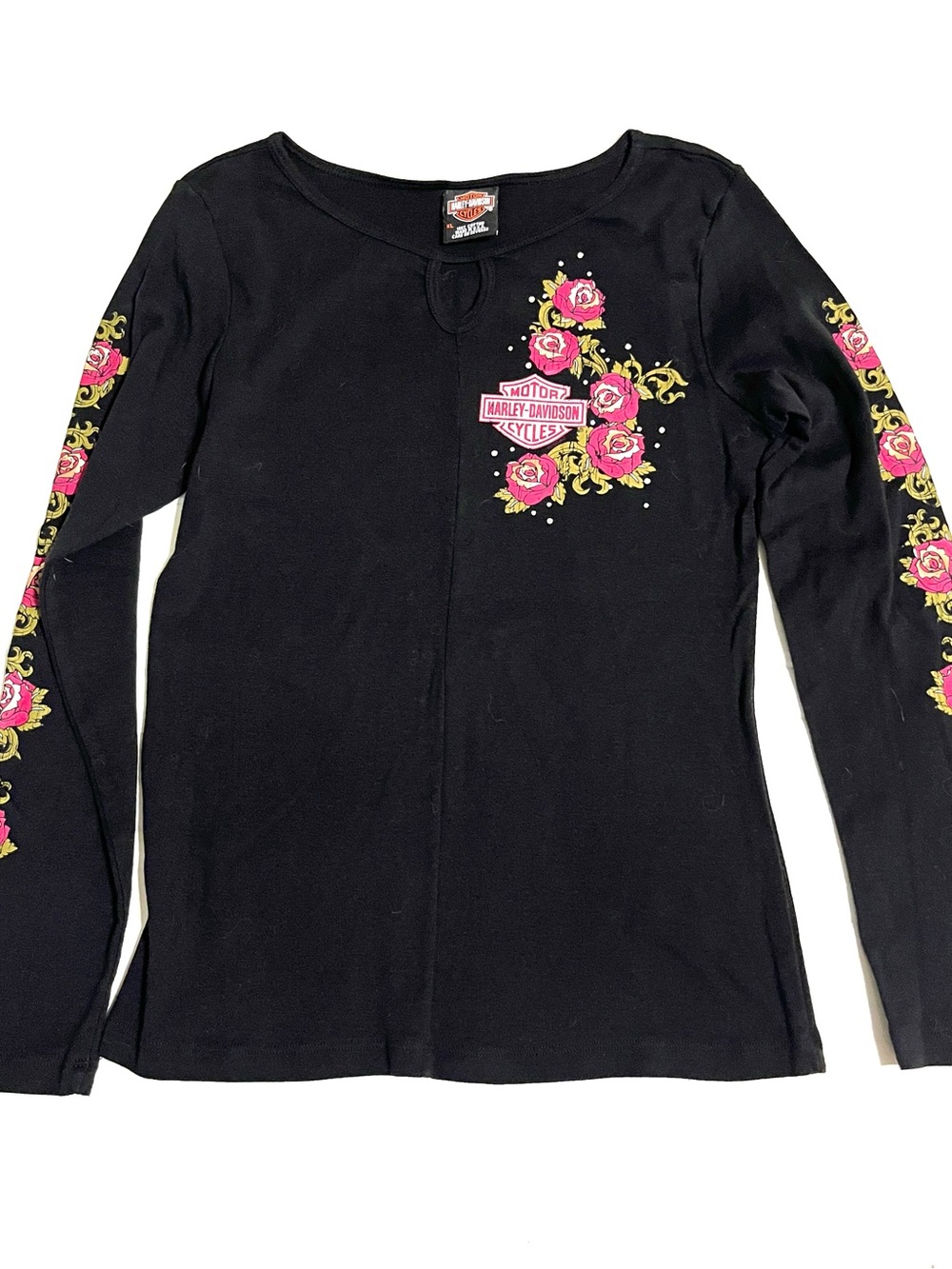 Harley-Davidson Black Long Sleeve Tee with Pink Rose Accents